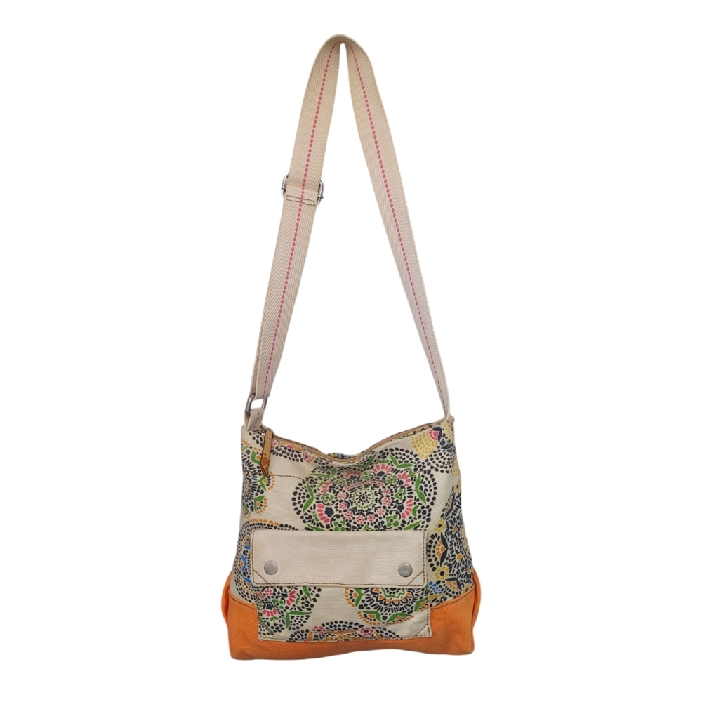 Canvas Floral Print Crossbody Bag in Beige and Orange - Picture 3 of 11